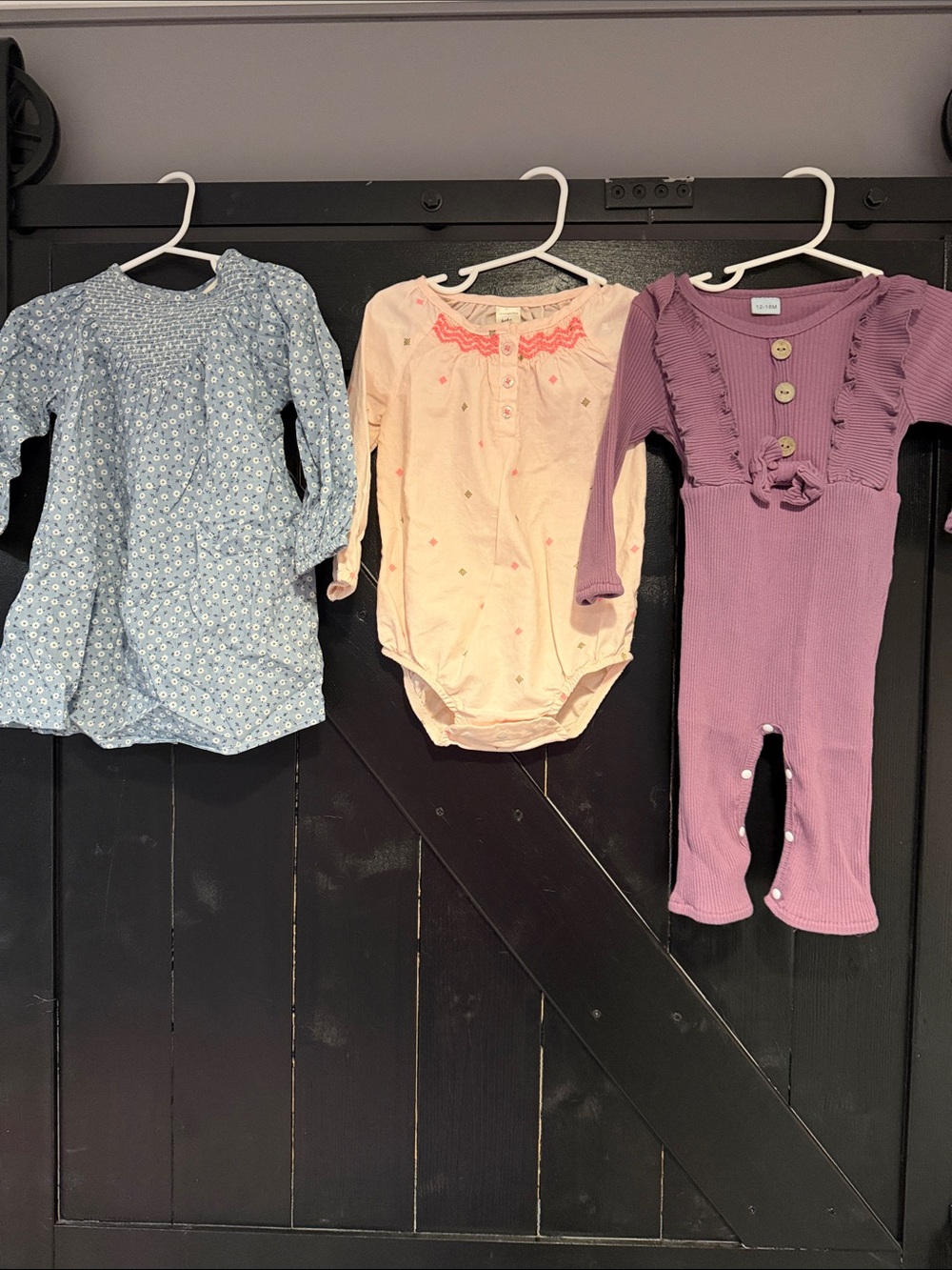Girls Floral Blue Dress, Peach Bodysuit & Mauve Ruffle Romper